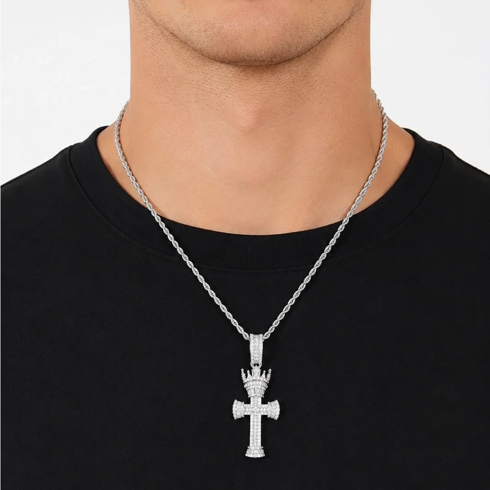 Men's 925 Sterling Silver Crown Cross Pendant 3.80CTW MOISSANITE